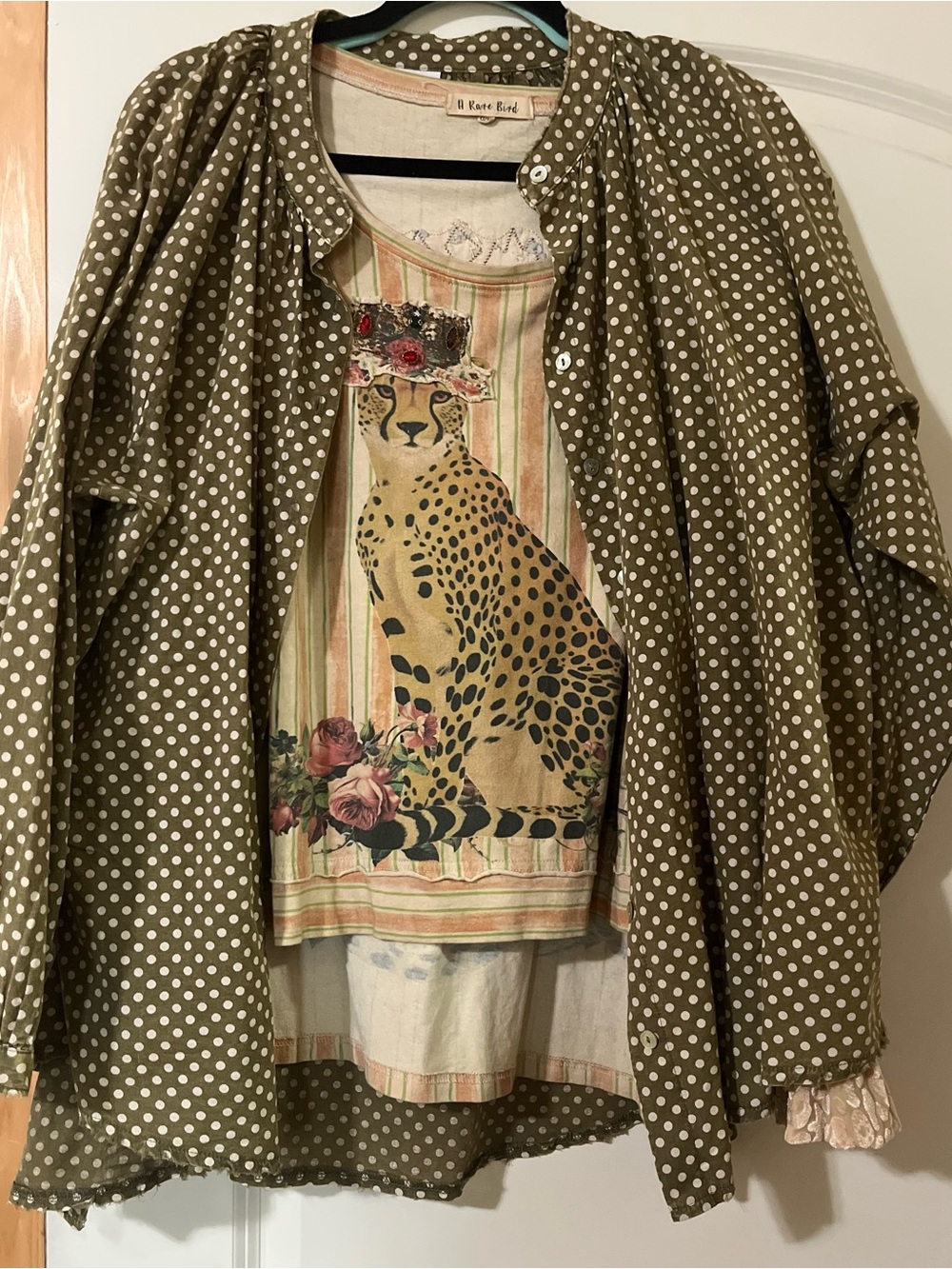 Jaded Gypsy oversized olive green white polka-dots  versatile. Boho Raw Hems OS - Picture 9 of 10
